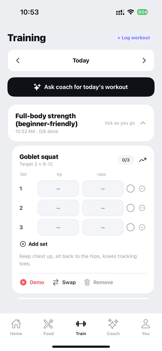 Weekly training plan with every set logged